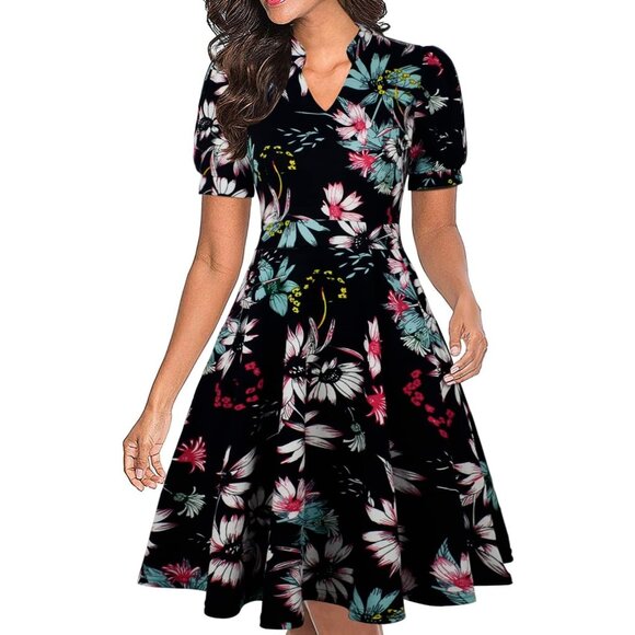 Women Floral 2 Short Puff Sleeve Flare Semi-Formal Summer Dress With Pockets - Picture 1 of 4